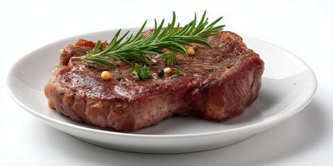 Juicy grilled steak with rosemary garnish on white plate