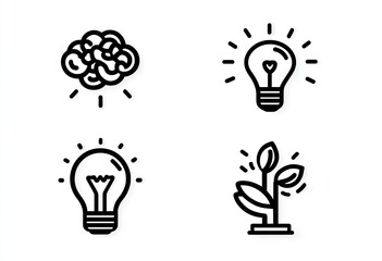 Four simple line art icons depicting creativity and growth.  A brain, lightbulb, sprout, and another lightbulb.  Each element is outlined in black