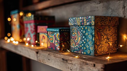 a collection of small boxes with vibrant designs, placed on a wooden shelf or table. they are arranged in an orderly fashion, each box distinct from the others in terms of design and possibly pattern