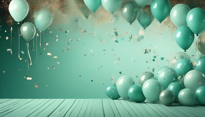 mint green pastel celebration birthday background with confetti and balloons for party events