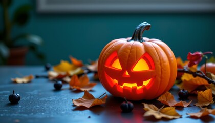 Halloween themed pumpkin with carved face placed on table amid autumn leaves, giving spooky festive atmosphere.