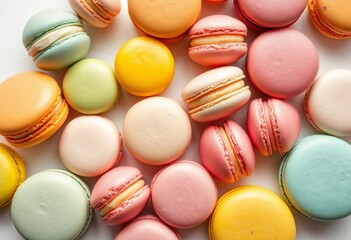 Obraz premium Assortment of colorful macarons on pristine white background, blue, sweet