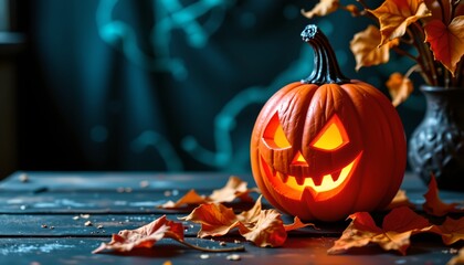 An illuminated jack o' lantern sits in the foreground on a table, with autumn leaves scattered around it, set against a dark background that suggests a Halloween night.