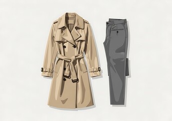 Sophisticated pairing of a beige trench coat and sleek gray pants against a bright setting