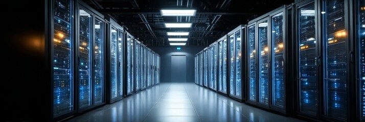 Futuristic Modern Server Room with Advanced Data Clusters and High-Tech Equipment in Dark Aisle