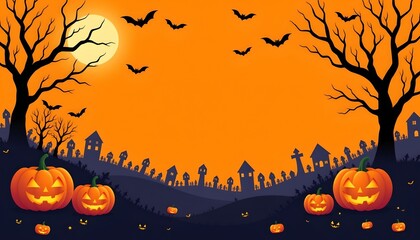 A Halloween themed scene with orange pumpkins, tombstone props, and skeletal figures amidst a festive autumn setting with trees in fall colors, bat silhouettes, and a dark sky