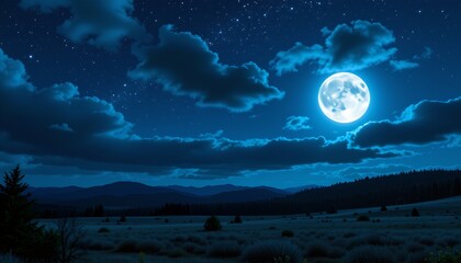 A tranquil night scene under a full moon. A field is depicted with clouds and trees in the foreground. In the background, a mountainous landscape extends into the distance
