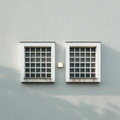 Symmetric windows with square light fixture on light wall, minimalist architectural design for real estate marketing and modern facades

