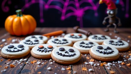 A collection of Halloween themed cookies decorated to resemble pumpkins and skeletons, placed on a table with a festive Halloween background that includes decorative elements such as cobwebs