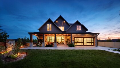 at twilight a luxurious home exterior in beautiful modern farmhouse style