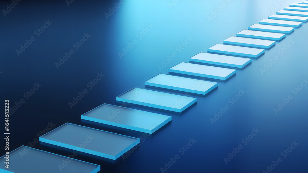 Poster floating glass panels on blue surface with gradient lighting creating modern abstract geometric visu
