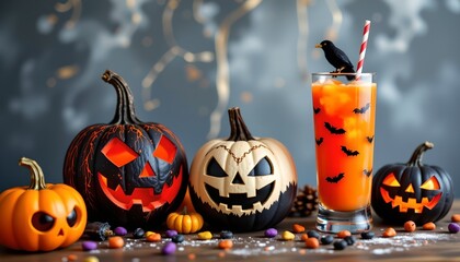 An autumn themed Halloween setup featuring pumpkins and decorative elements.