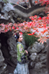 Young woman among vibrant autumn leaves in serene landscape.