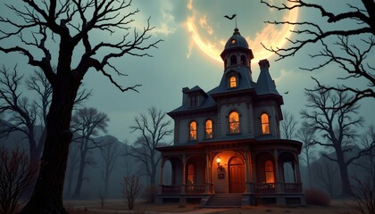 An eerie Halloween scene where a large, haunted house looms in the foreground under a dark sky