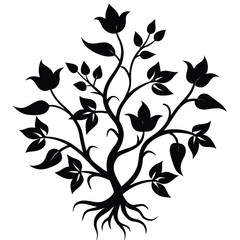 Stylized black silhouette of a blooming plant with roots