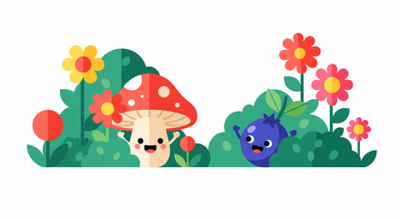 Naklejka premium Cute Cartoon Mushroom and Blueberry Characters in a Garden