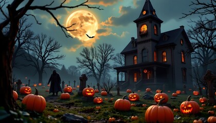 A Halloween night scene featuring an old fashioned haunted house surrounded by numerous jack o' lanterns glowing in the dark
