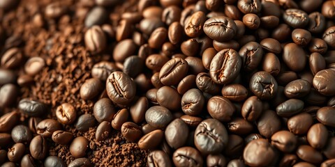 Fototapeta premium Intensely aromatic coffee beans, whole and ground, rich brown hues, textured surfaces, texture, texture background