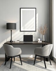 Modern home office setup with two comfortable chairs and a laptop on a desk with a blank framed picture above