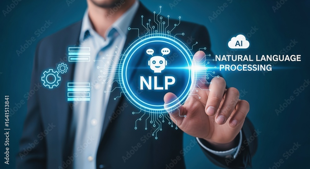 Aufkleber man touches nlp icon on virtual screen, symbolizing natural language processing technology and artif