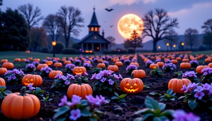 This is an autumn nighttime photo featuring a field of pumpkins illuminated with jack o' lanterns in the foreground