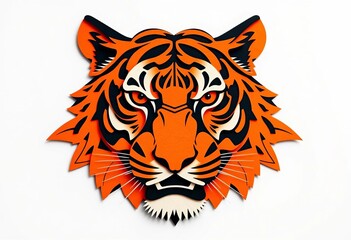 Fototapeta premium Intricate layered paper cut tiger head, vibrant orange and black, high resolution, close up, background