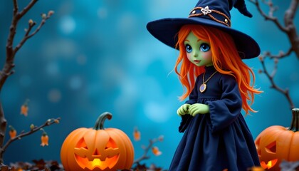 A small, animated doll dressed as a witch, standing amidst three jack o' lanterns in front of autumn leaves