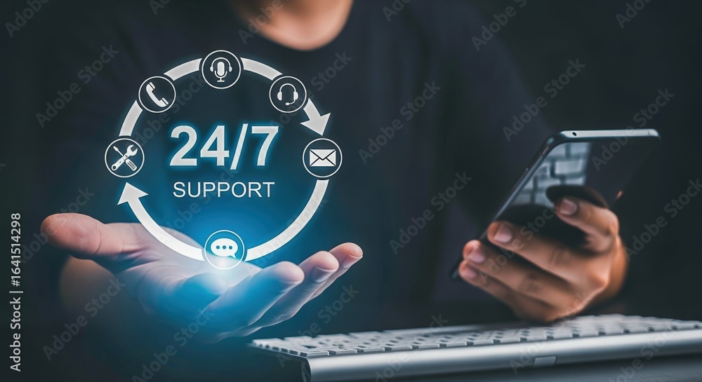 Poster 24/7 customer support concept: person holding holographic display with icons representing round-the-