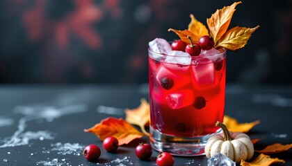 A glass of what appears to be a warm, cranberry based cocktail garnished with ice cubes and a sprig of rosemary, placed on a surface covered with autumn leaves