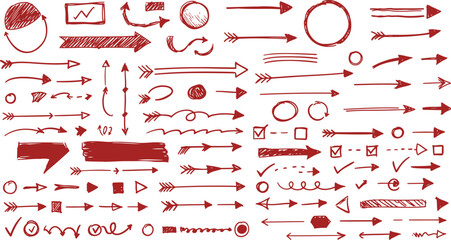 Collection of hand drawn red arrows and symbols on white background sketch