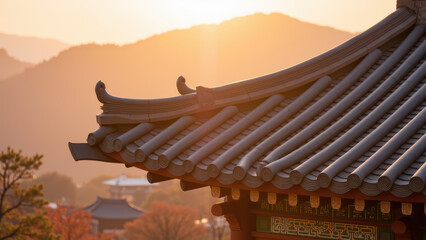 Obraz premium Sunset over traditional architecture, showcasing intricate roof details against mountainous backdrop. warm glow creates serene atmosphere