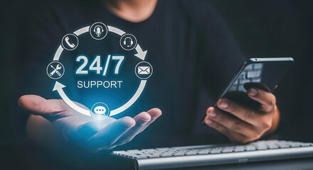 Obraz premium 24/7 Customer Support Concept: Person Holding Holographic Display with Icons Representing Round-the-Clock Assistance and Communication