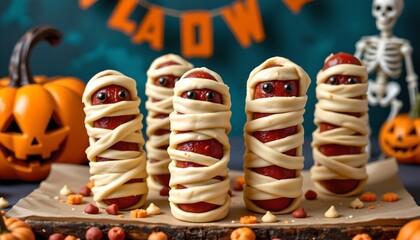 A table is set with five desserts that look like mummies, arranged in a pyramid formation