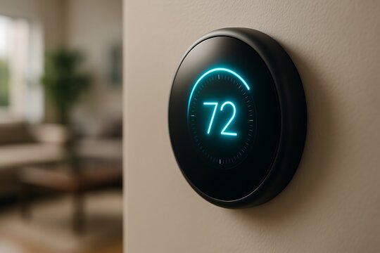 Modern smart thermostat displaying 72 degrees fahrenheit