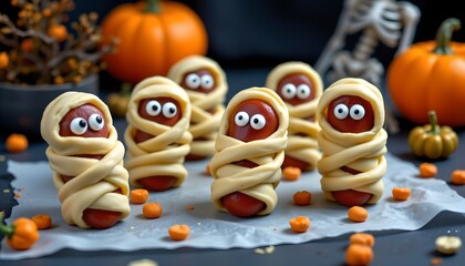 A playful Halloween theme with six doughnut shaped pastries creatively crafted to look like hot dogs, dressed in ghostly attire