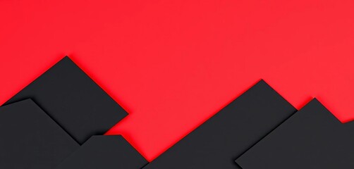 Layered black geometric paper cut shapes on deep red background  Abstract design for Black History Month,   stylish,  red
