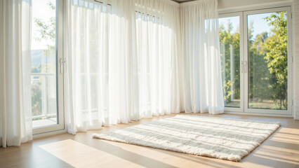 Fototapeta premium Bright and airy room with large windows, sheer curtains, and cozy rug on wooden flooring, creating serene atmosphere