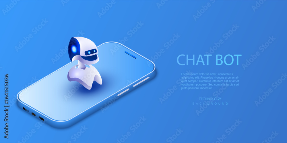 Poster chatbot ai virtual assistant with phone vector illustration. digital chat bot, robot application, co