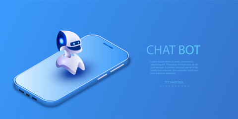 Chatbot ai virtual assistant with phone vector illustration. Digital chat bot, robot application, conversation and communication concept. Chatting artificial intelligence developed by tech company.