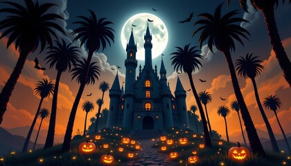 A fantastical Halloween scene with a grand castle at its center. The castle, adorned with festive decorations like pumpkins and bats, stands out amidst the night sky filled with clouds
