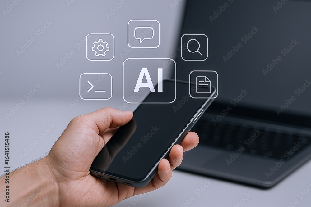 Poster ai application on smartphone with digital interface, artificial intelligence concept for business an