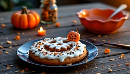 In the center of the image, there's a plate holding a donut covered in sprinkles and frosting, possibly representing a festive treat like "Pumpkin Spice Donuts