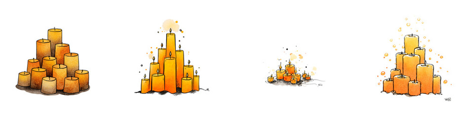 The image features a series of stylized candles arranged in different formations, showcasing various heights and glow effects.