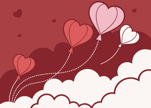Valentine’s Day themed vector background with heart-shaped balloons floating among fluffy clouds on a red background.