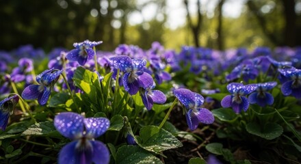Field of violets, water droplets, blurred forest backdrop, low angle view