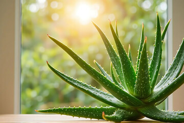 Aloe vera houseplant close-up by sunlit window with white-spotted leaves