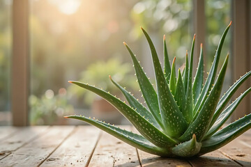 Aloe vera plant close-up on wooden table with warm sunlight