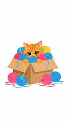 Fototapeta premium Cute Ginger Cat Hiding in a Box of Yarn Balls