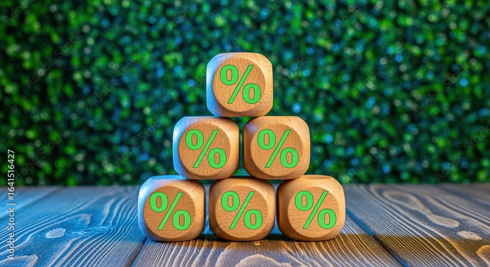 Poster wooden blocks featuring percentage symbols stacked on table with green backdrop representing finance