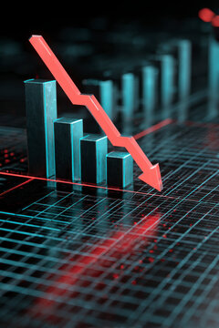 Downward trend on chart with red arrow. Financial or economic decline. Negative data, downturn, loss.